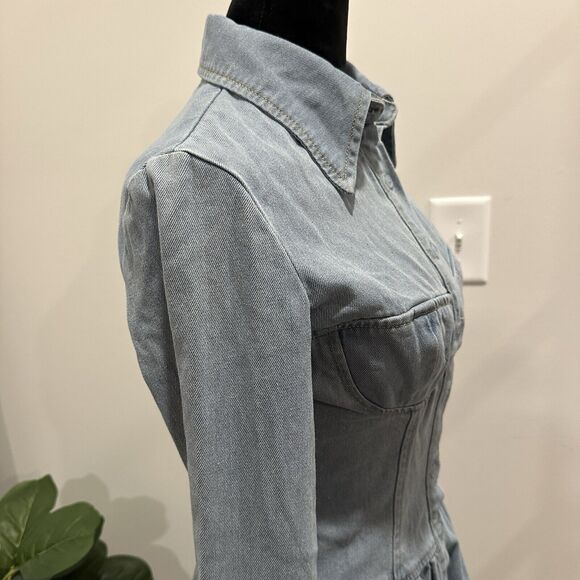 PLT Denim Corset Bustier Mini Dress Size 2 Vintage Wash Long Sleeve Peplum - Picture 5 of 14